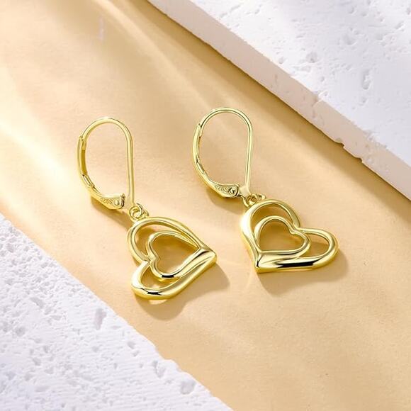14K Gold Plated Heart Dangle Earrings Dangling Trendy Women Leverback Earings - Picture 4 of 5